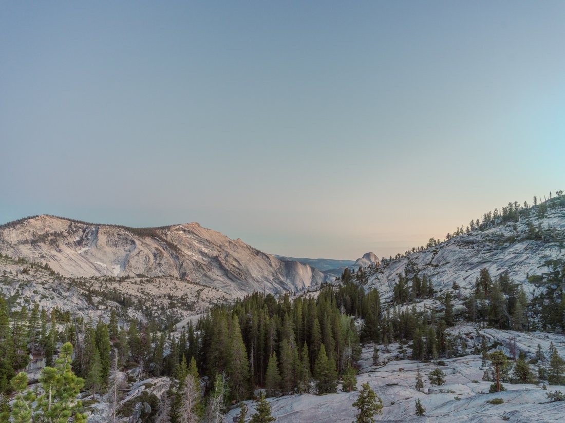 A wide view of granite hills and a valley of pine trees.